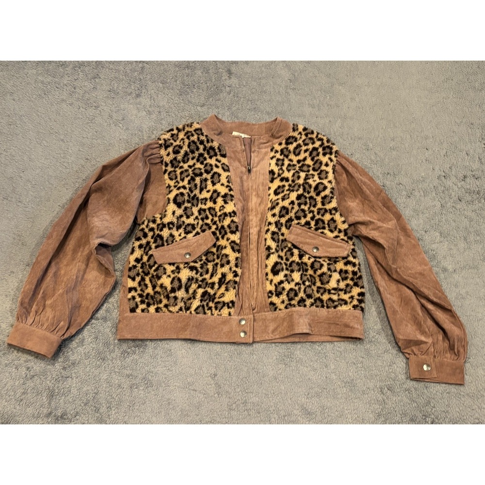 Mystree Jacket Womens Large Leopard Animal Print Full Zip Anthropologie Corduroy